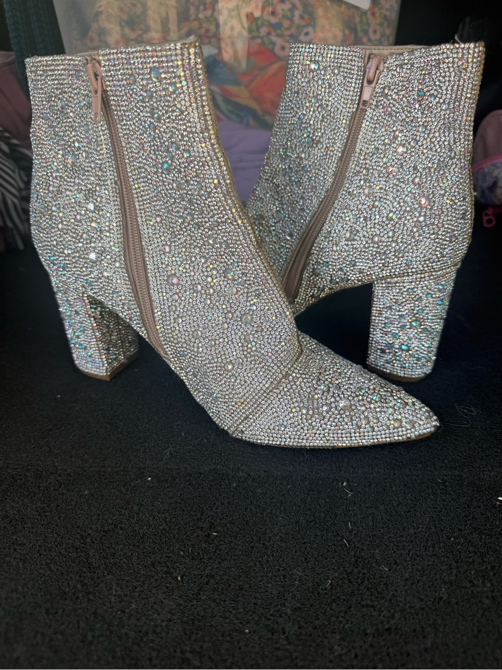 Betsey Johnson Silver Cady Size 9 Rhinestone Pointed Toe Ankle Boots